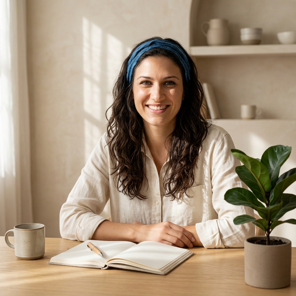 Elena Rostova working at her Japandi oak desk