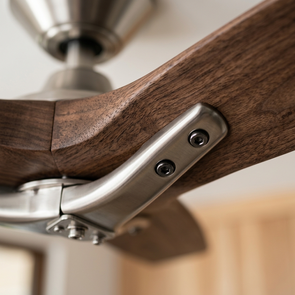 Bumper Detail: Close-up of premium wood grain ceiling fan blade showing refined walnut texture