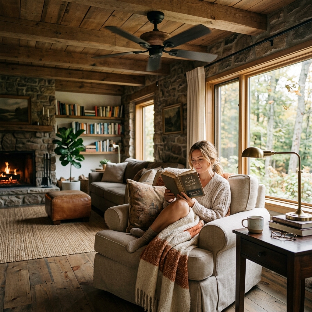 Lifestyle: Cozy reading chair under the breeze of a rustic walnut ceiling fan in a warm living room