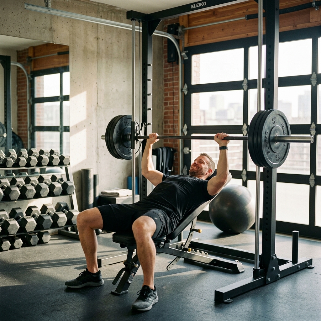 Lifestyle: Fitness enthusiast using the Smith machine for bench press inside home garage gym