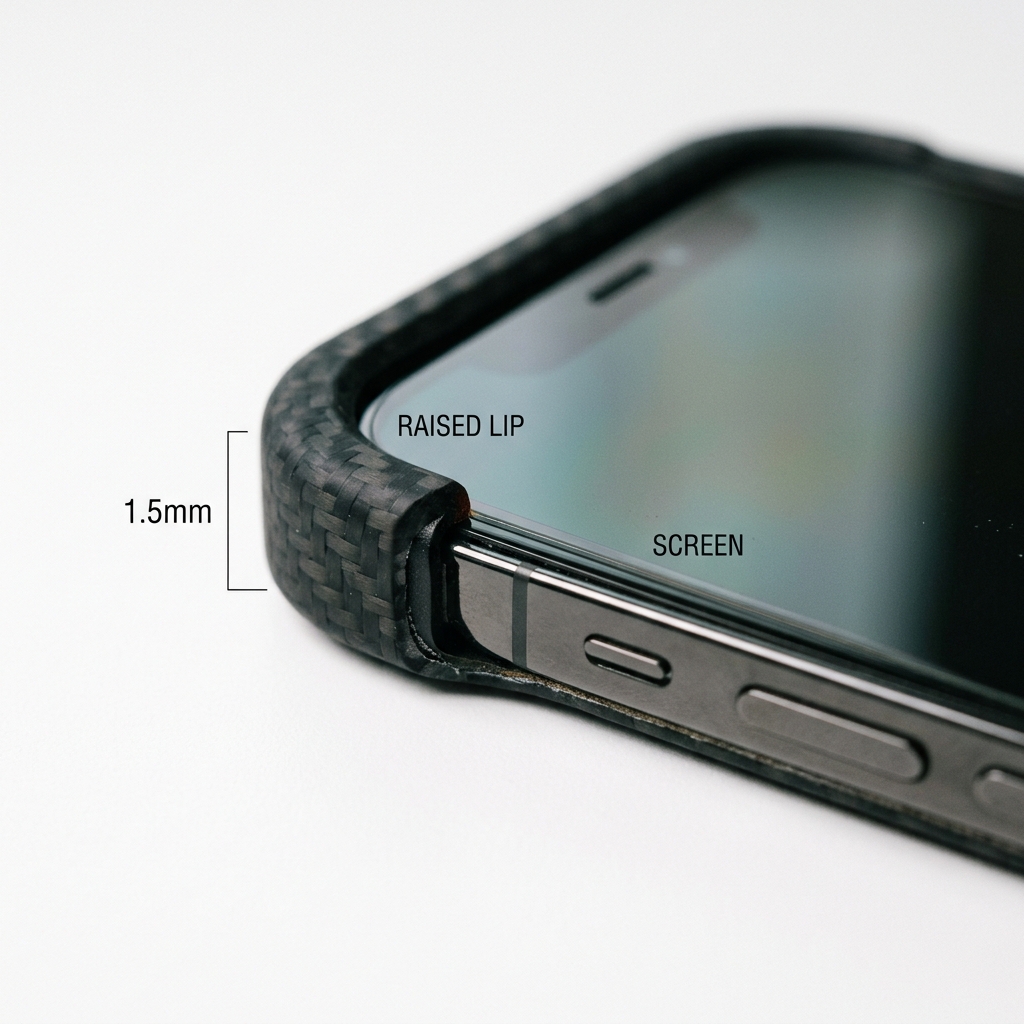 Close-up of a phone case raised lip edge protecting the screen
