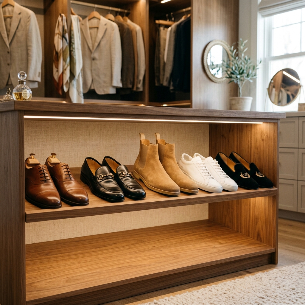 Curated shoe collection on wooden shelves