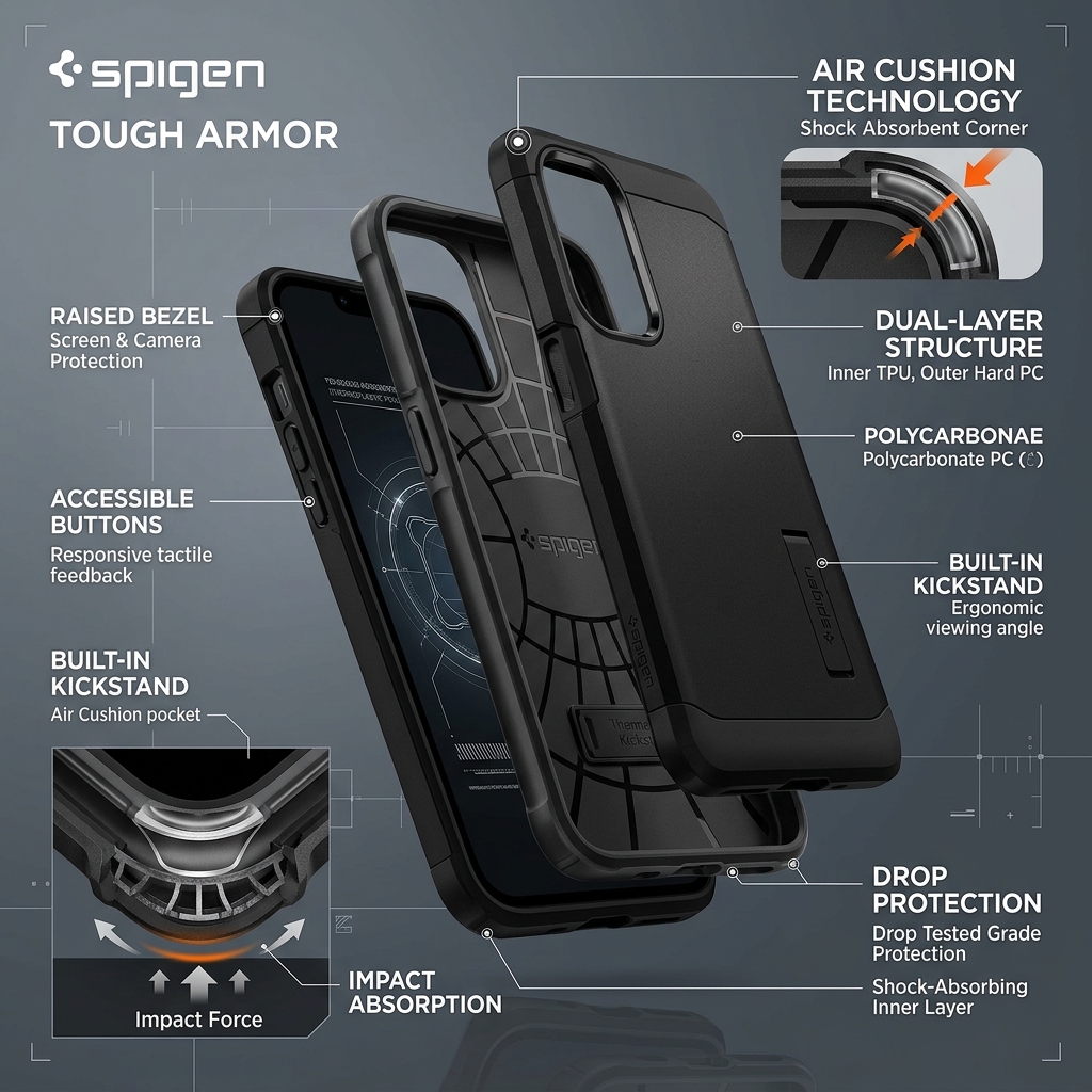 Spigen Tough Armor Case Drop Impact Corners and Dual-Layer Architecture