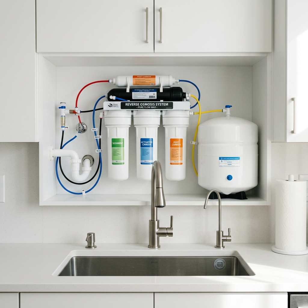 Under-sink water filtration system installed in a kitchen