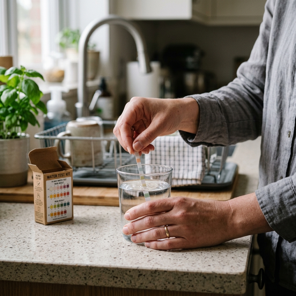 Person testing tap water with a home test kit