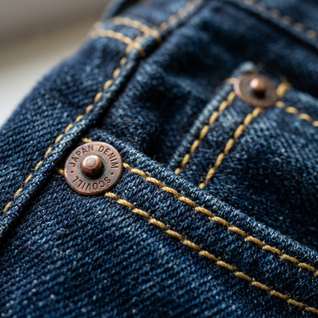Macro of Premium Denim Twill and Rivets