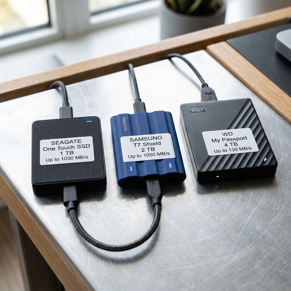 Three portable external drives aligned on a desk with speed metrics labeled