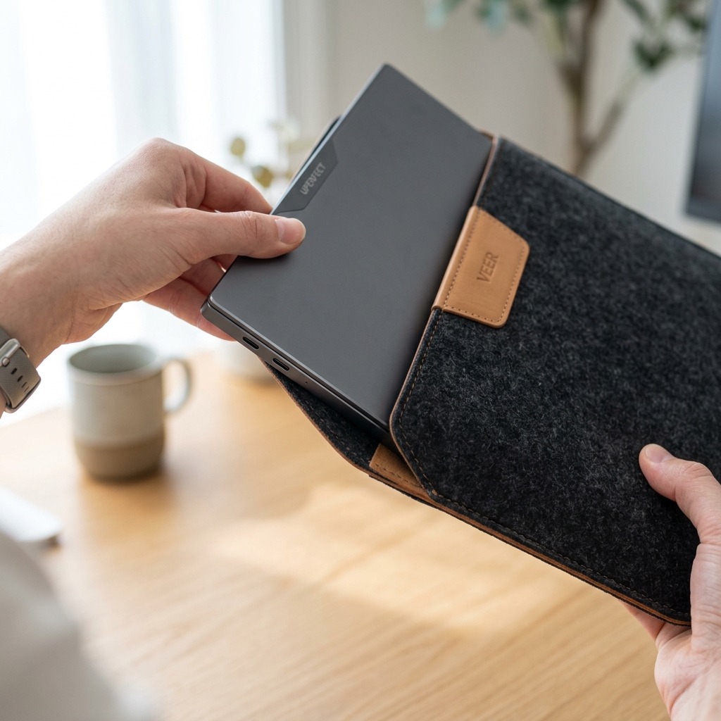 Side profile of ultra-thin portable monitor sliding into bag sleeve