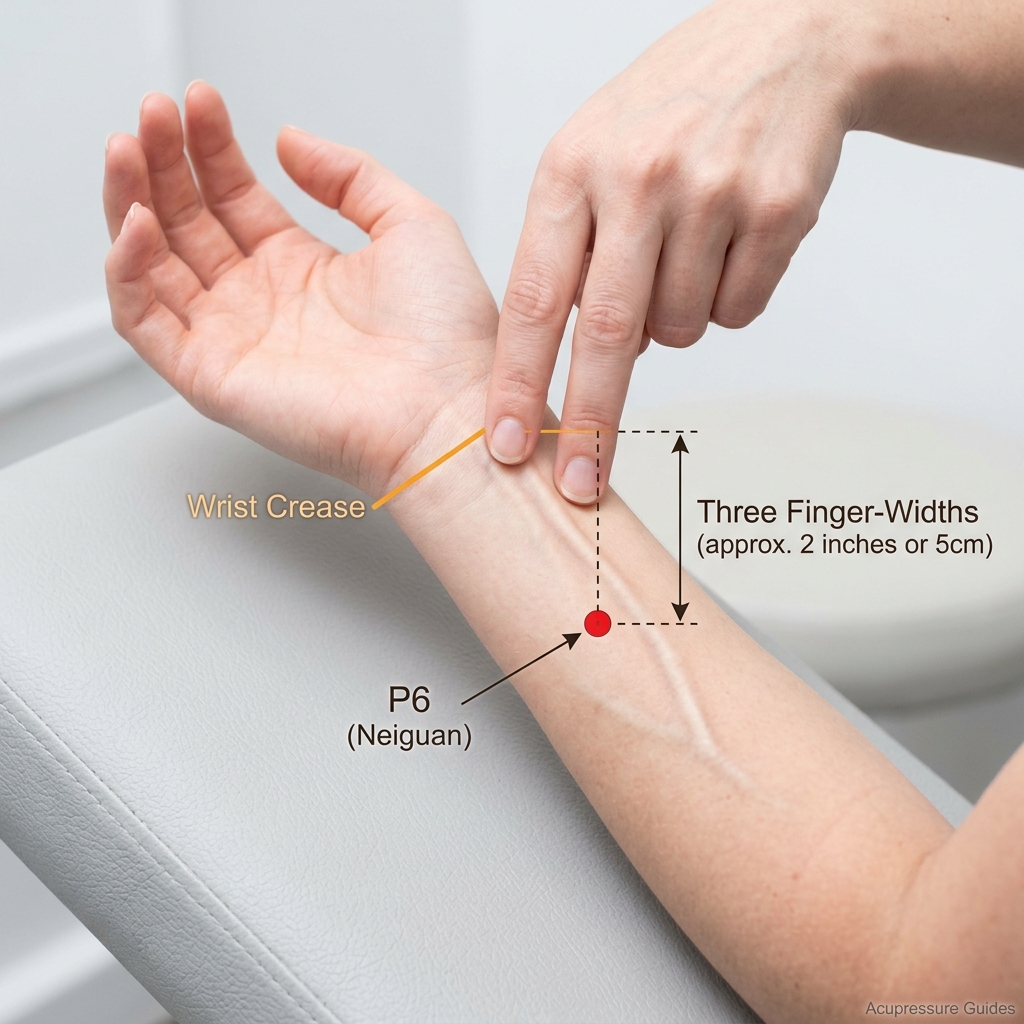 Demonstrating Neiguan P6 acupressure point on inner forearm