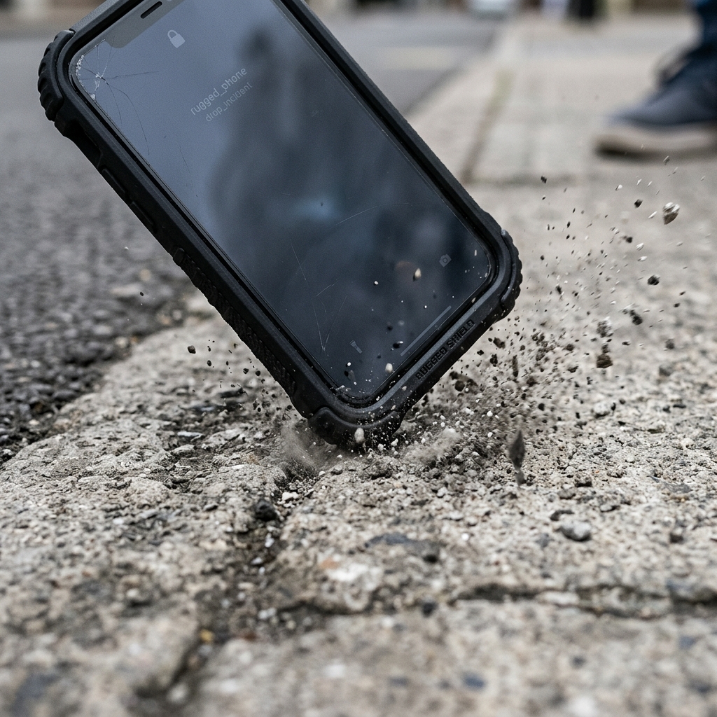 Rugged phone case hitting concrete sidewalk in slow motion with debris