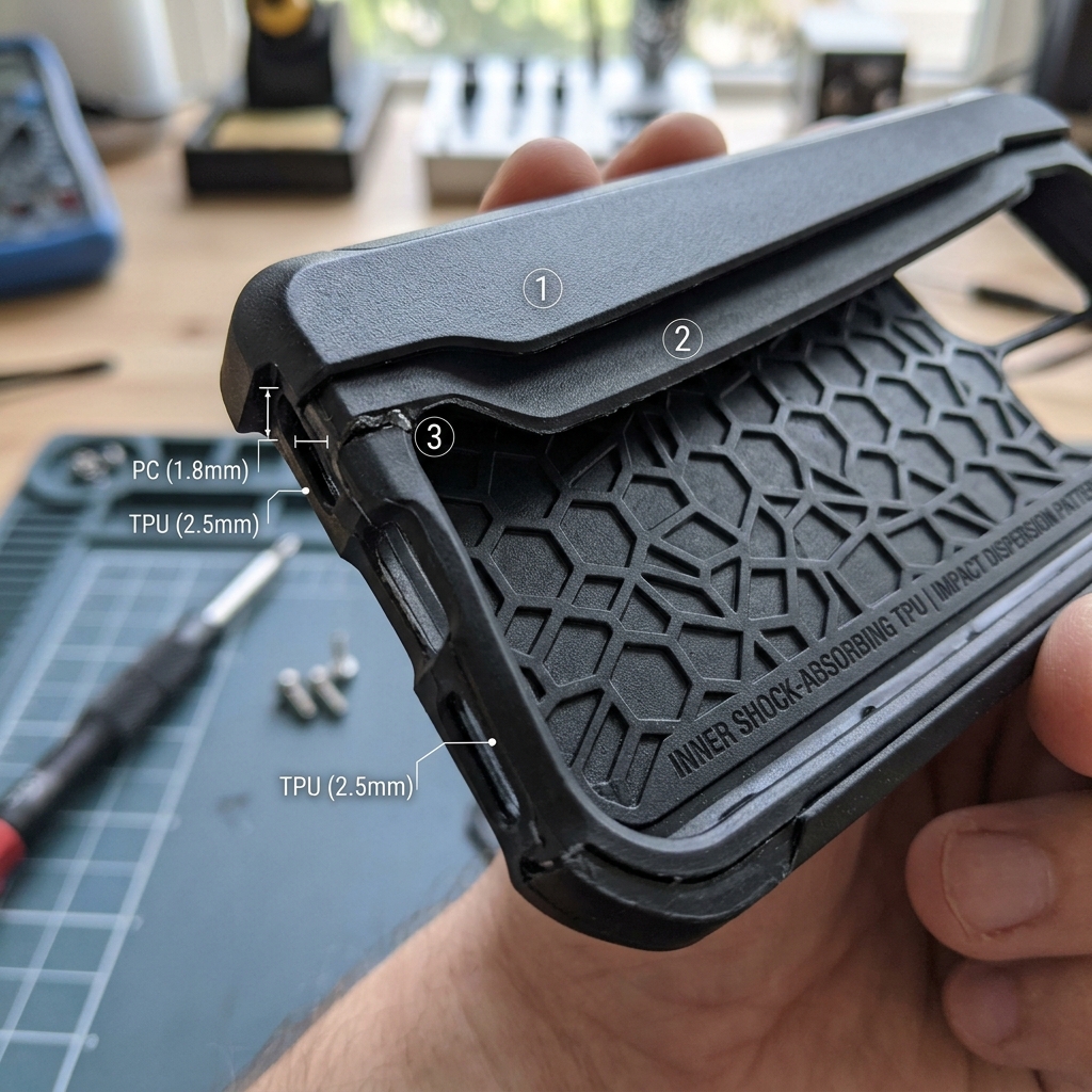 Technical diagram detailing PC and TPU layers of a shock absorbing phone case