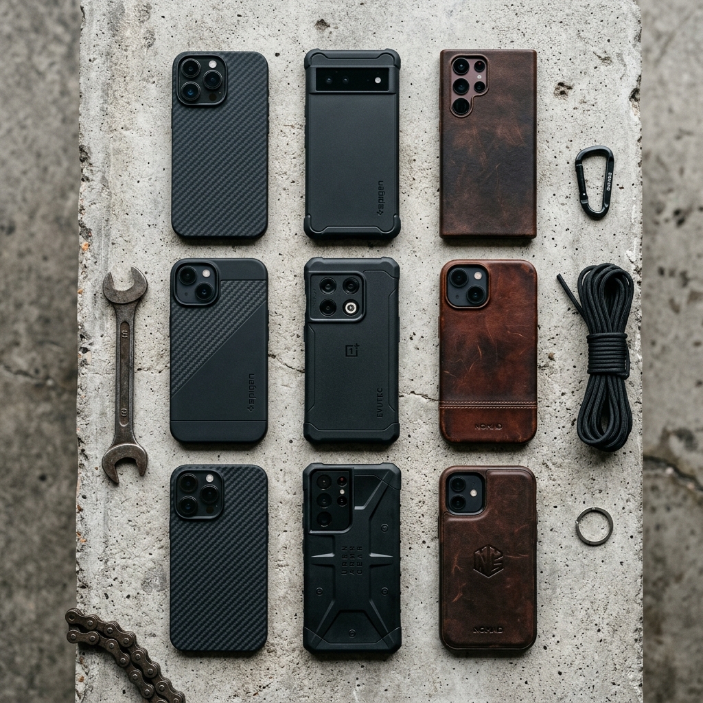 Premium rugged phone cases in aramid fiber, leather, and matte finishes