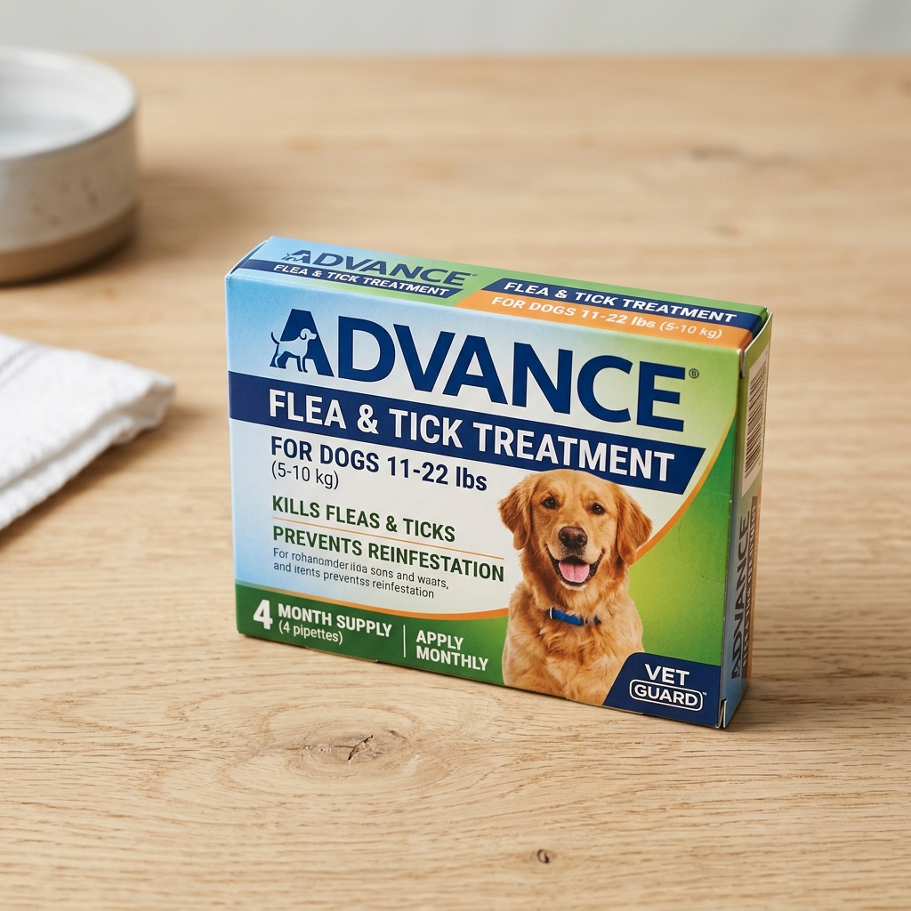 Close up of flea and tick treatment package on table