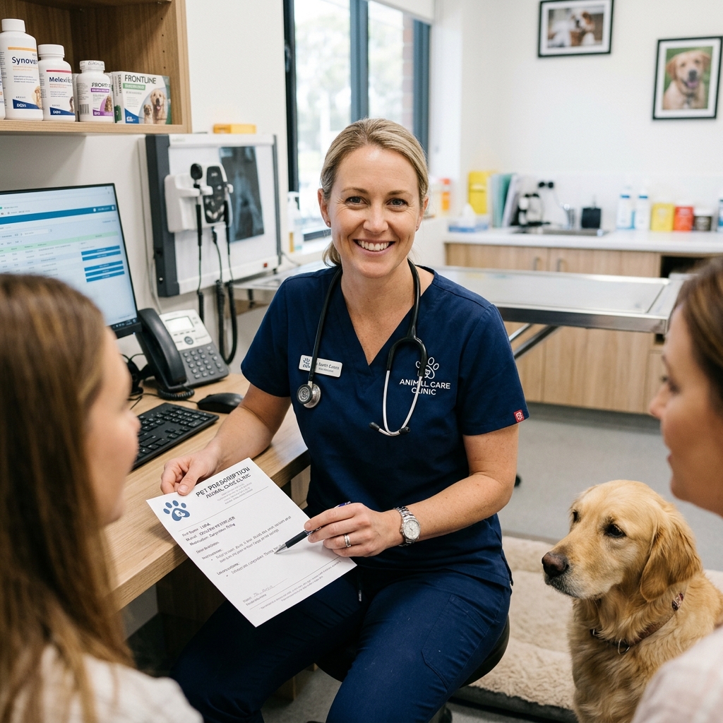 Veterinarian holding stethoscope and speaking with pet owners in clinic