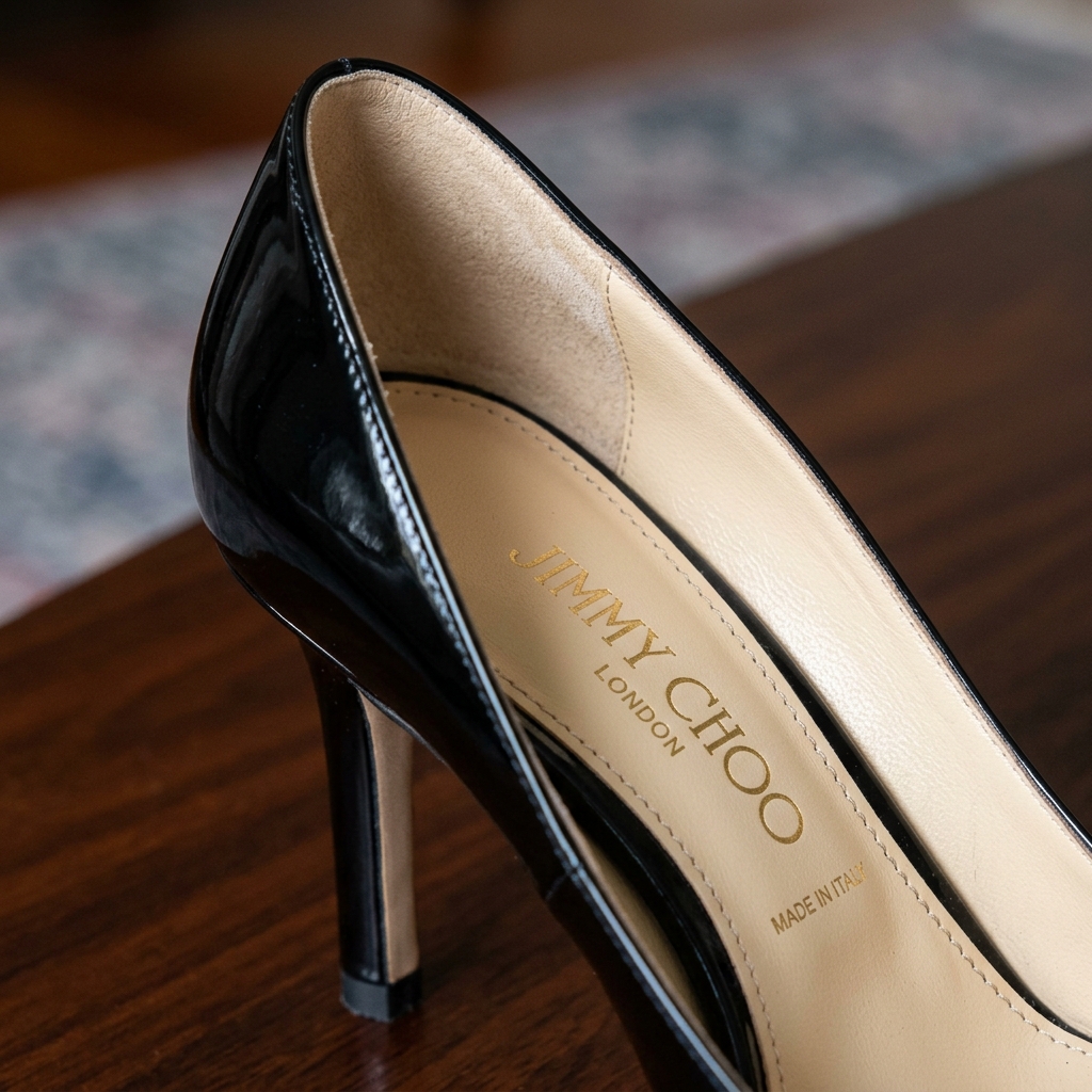 Close up of the heel construction and leather lining of Jimmy Choo Romy pump