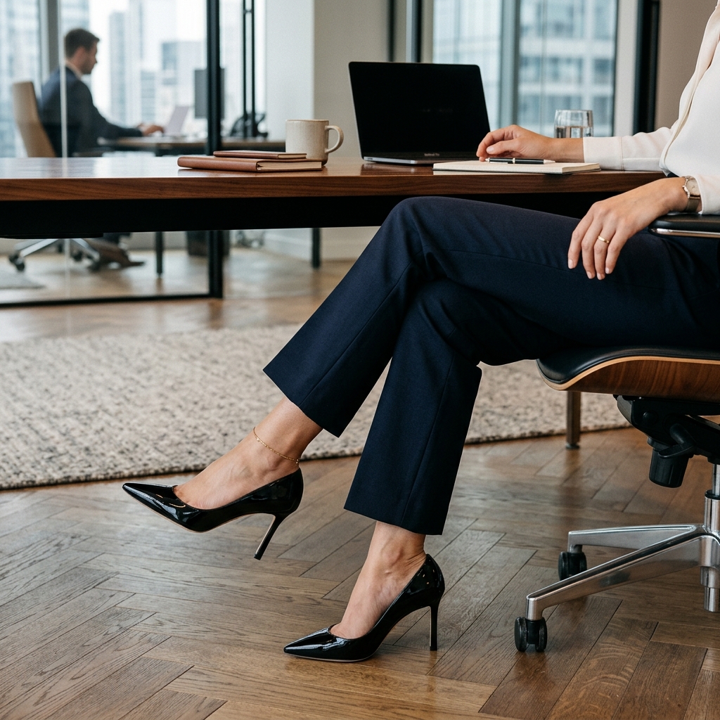 Feet wearing Jimmy Choo Romy pumps in a professional workspace office setting