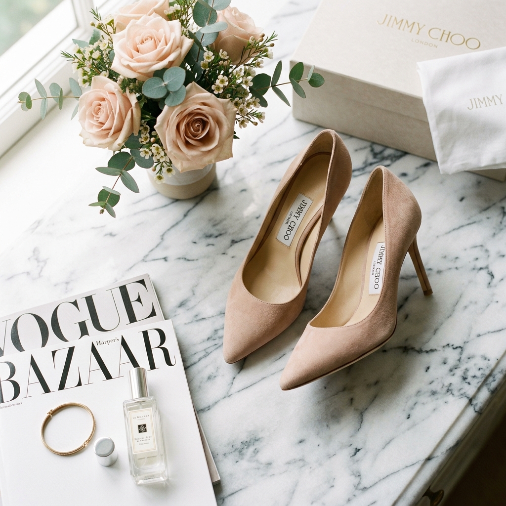 Jimmy Choo Romy suede pumps in nude/blush color on a marble surface