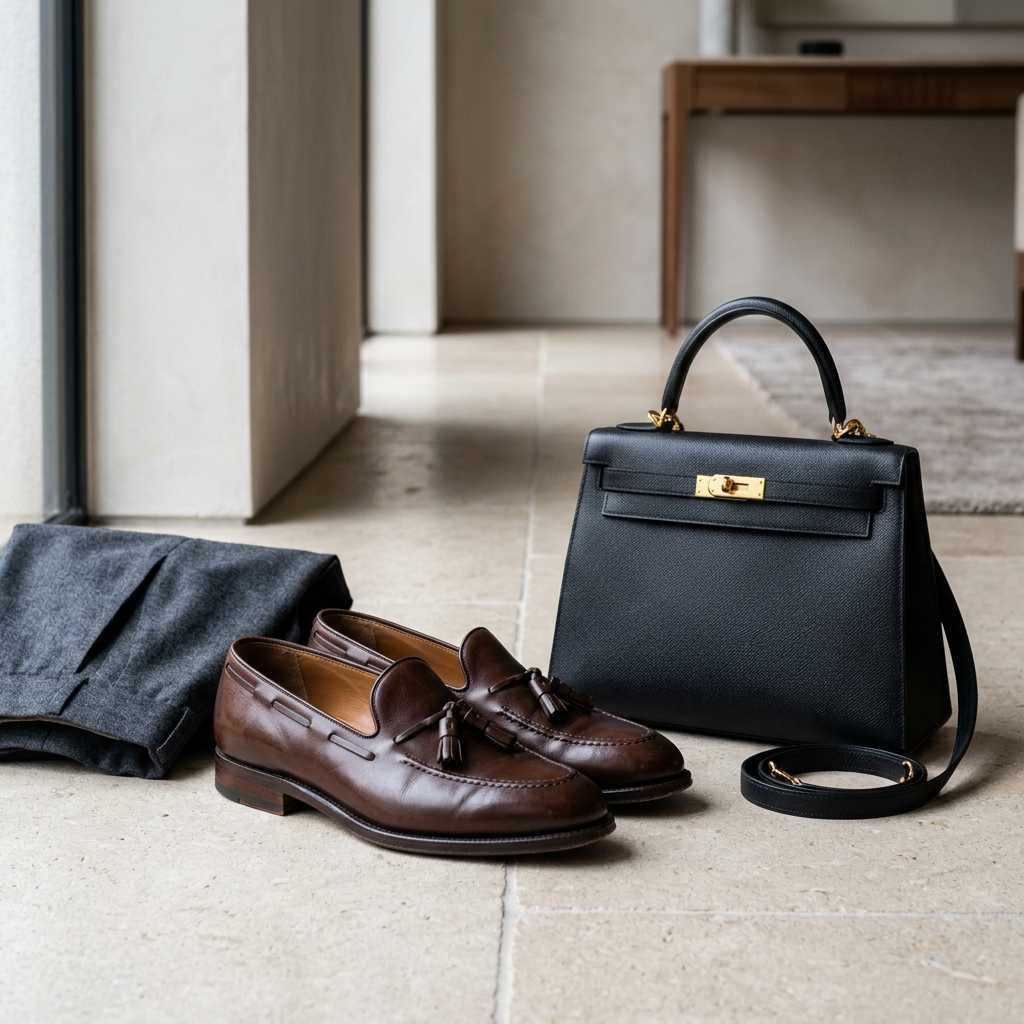 Structured handbag and leather loafers styling accents