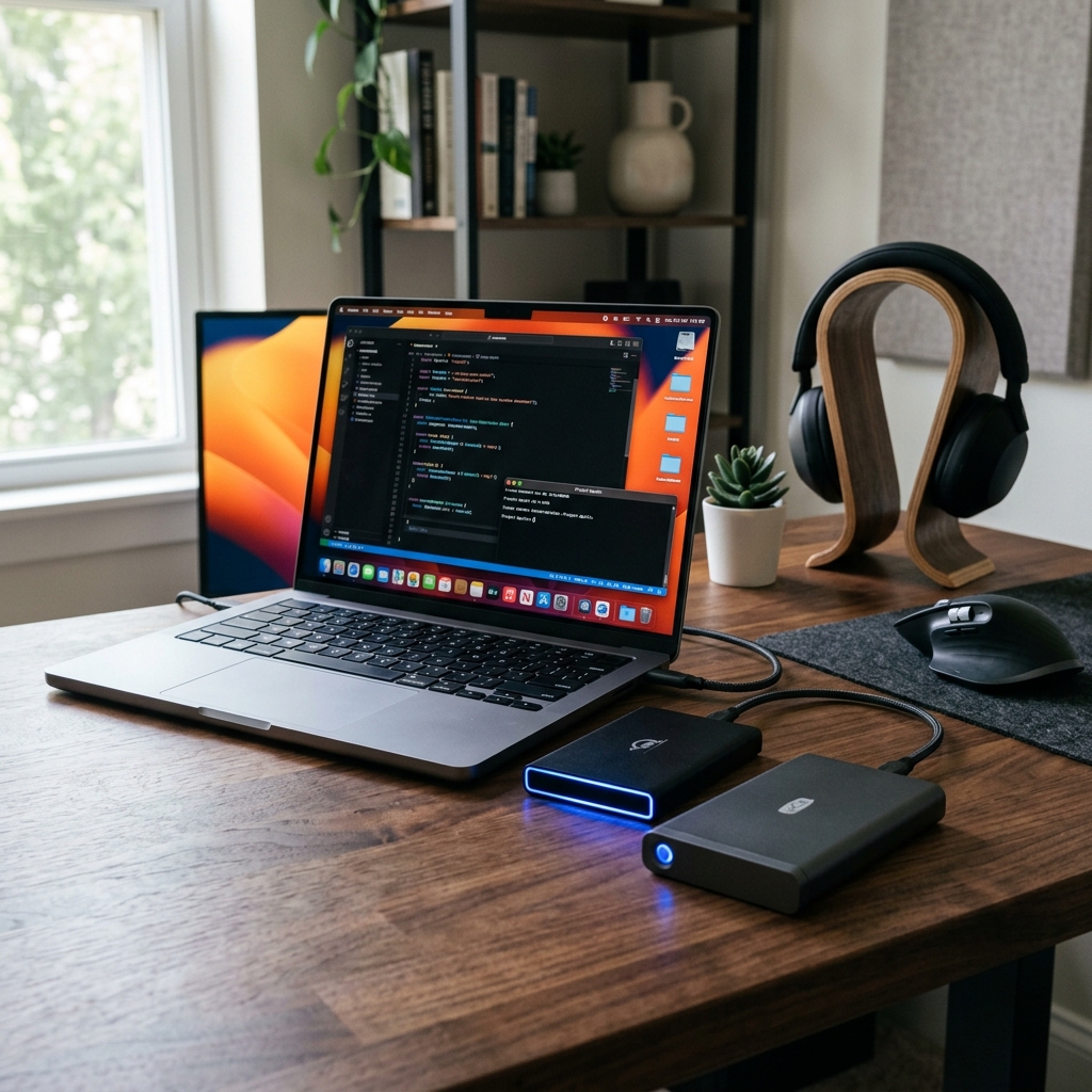 A premium modern Mac workspace showing external hard drives plugged in