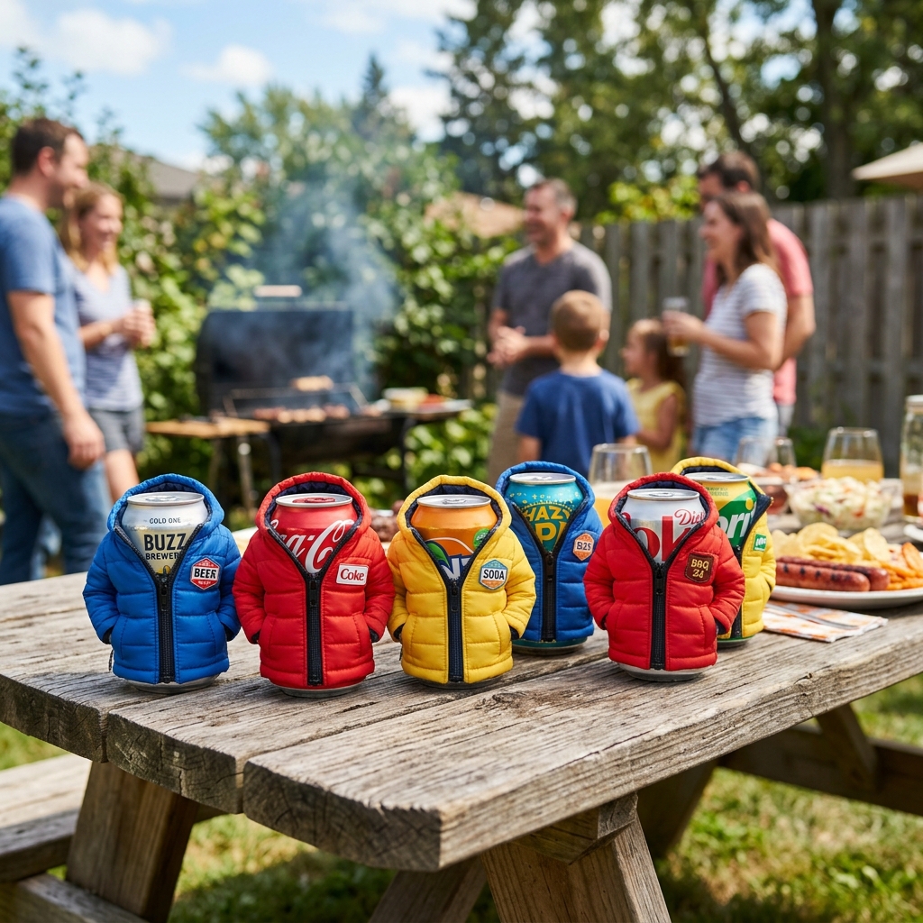 Miniature winter jackets on cans at a BBQ