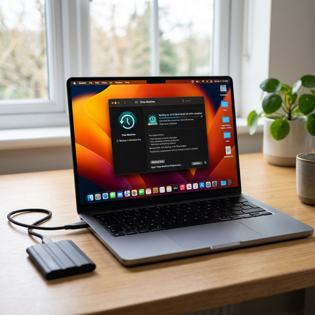 MacBook Pro screen showing Time Machine backup in progress with drive plugged in