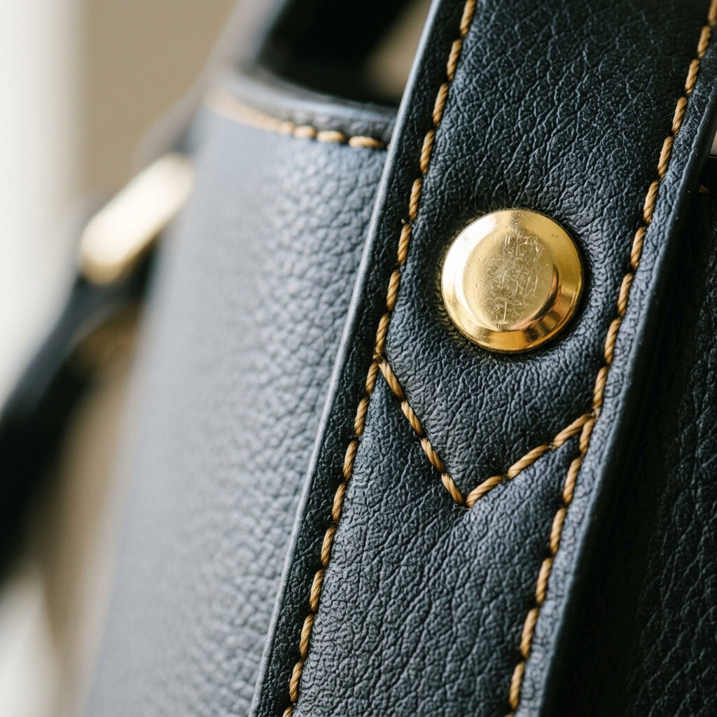 Gold stitching and brass rivets detail on premium vegan leather bag