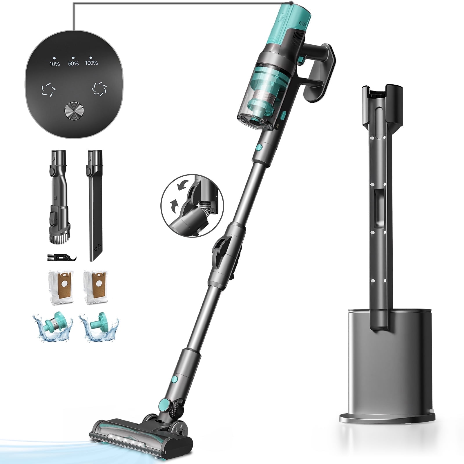 KISSAIR Clean and Empty Cordless Stick Vacuum – Lightweight Cordless with HEPA Filter, Portable, Rechargeable, Auto-Empty System, Stick Vacuum for Pet Hair, Carpets and Hardfloor, Green