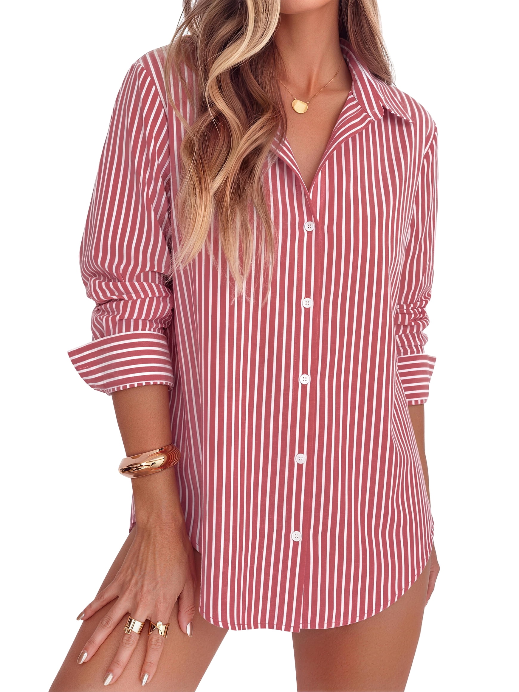 Fantaslook Striped Button Down Shirts for Women Classic Long Sleeve Collared Office Work Blouses Tops