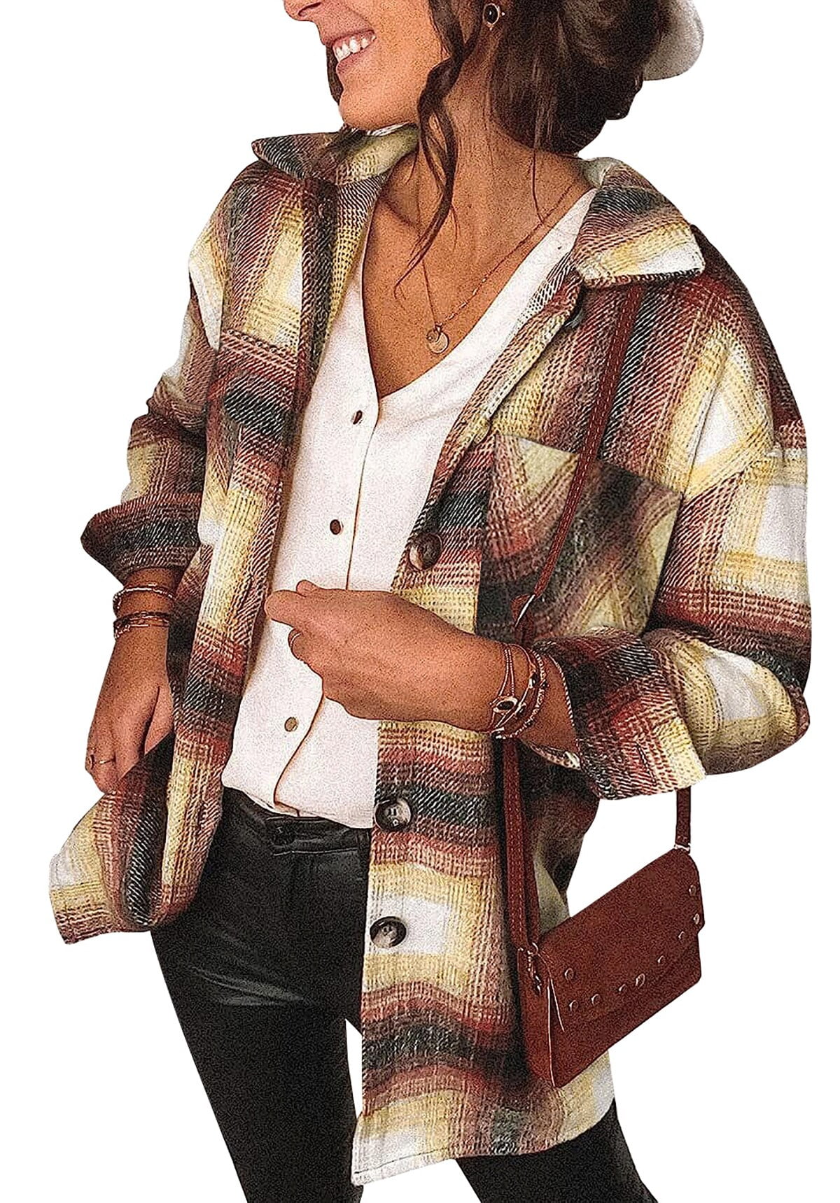 Fantaslook Womens Plaid Shirts Flannel Shacket Jacket Long Sleeve Button Down Boyfriend Shirt Coats